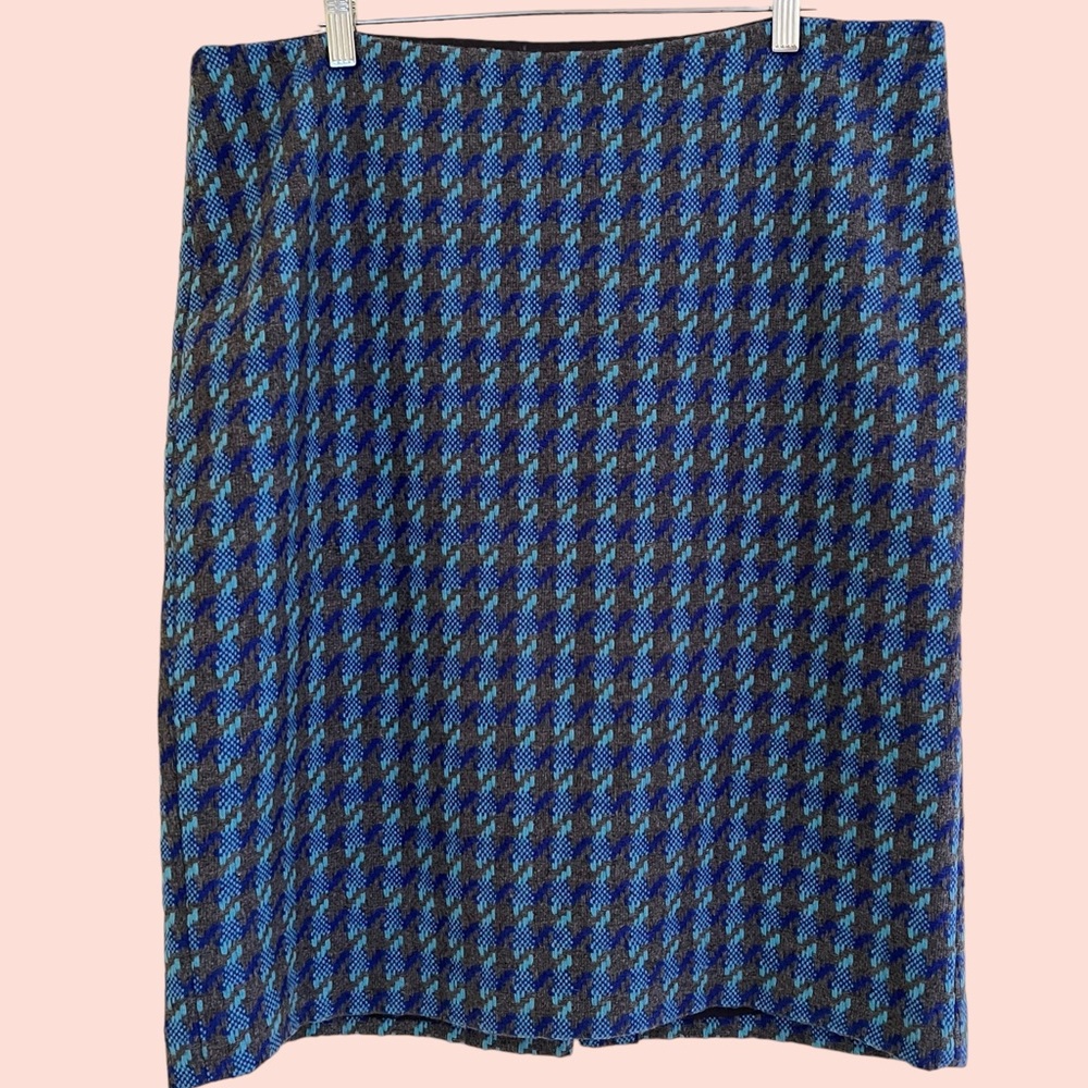 Talbots Grey/Blue Houndstooth Check Wool Blend Pencil Skirt 16